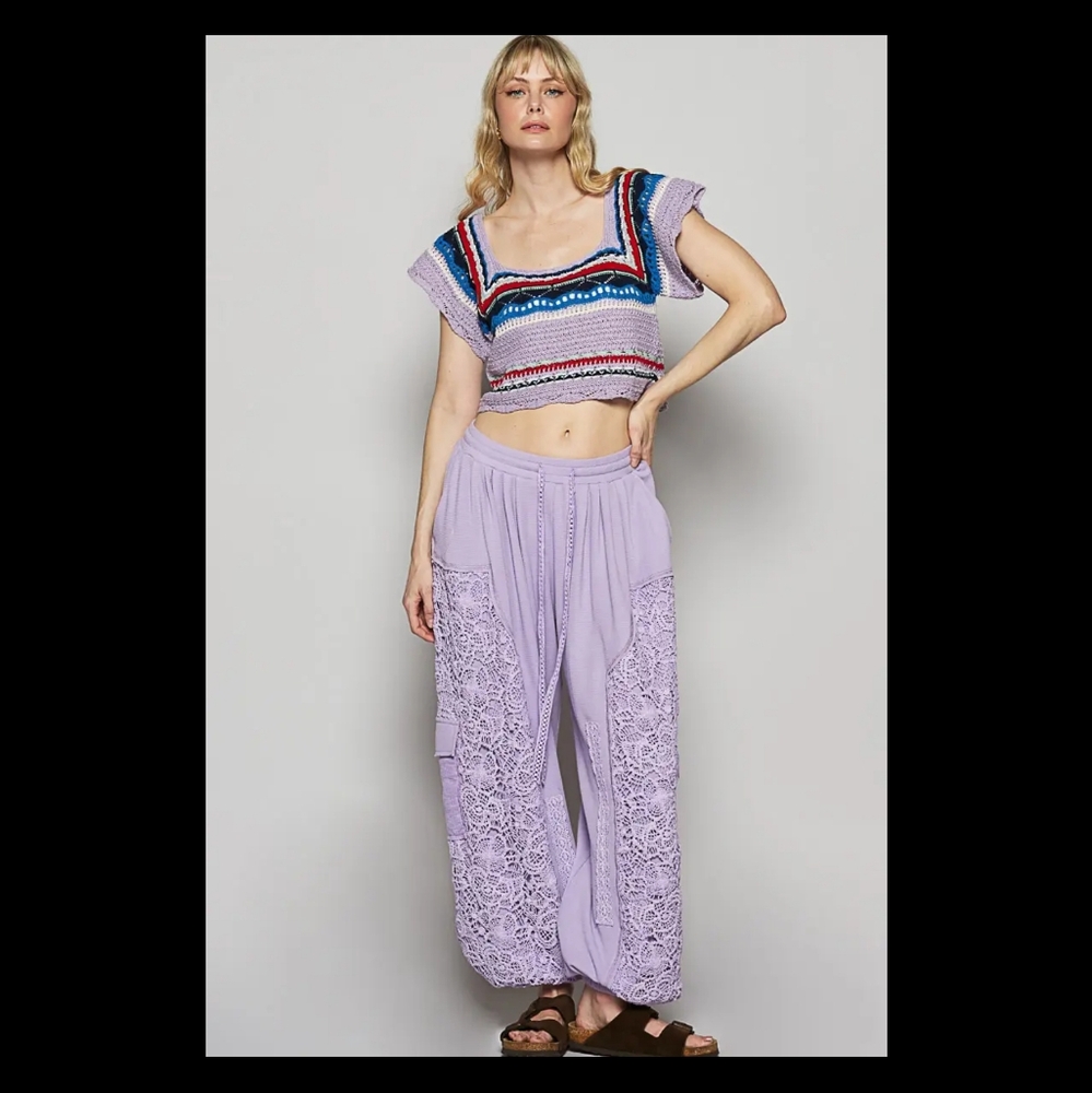 POL Crochet Knit Short Sleeve Top (Lavender Multi) - Picture 4 of 6